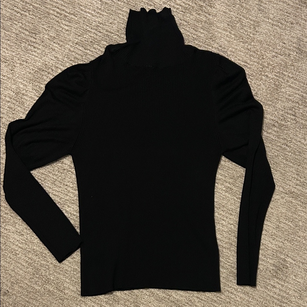 Anthropologie Black Turtleneck Sweater with puffed shoulders.